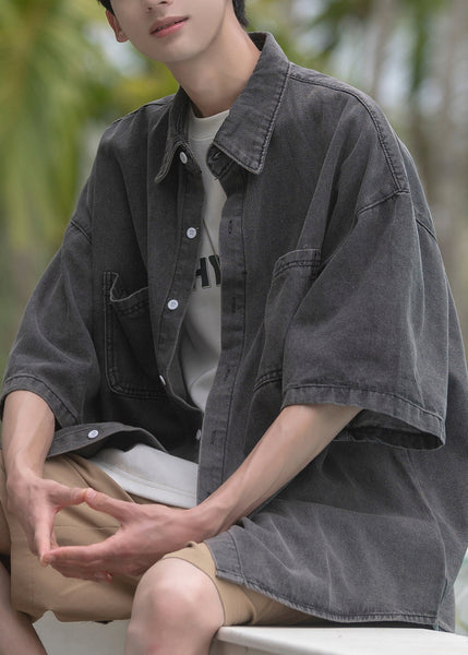 Blue Mens Pan Shirts Spring Pockets Loose Peter Denim Collar FashionChic