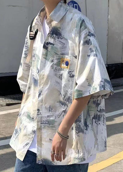 Summer Men Shirts Tie Silk Loose Peter Collar Ice Dye Pan Blue FashionChic