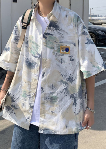 Summer Men Shirts Tie Silk Loose Peter Collar Ice Dye Pan Blue FashionChic