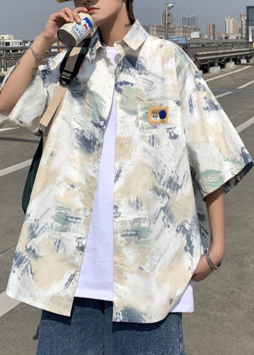 Summer Men Shirts Tie Silk Loose Peter Collar Ice Dye Pan Blue FashionChic