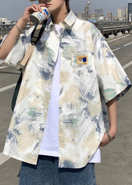 Summer Men Shirts Tie Silk Loose Peter Collar Ice Dye Pan Blue FashionChic