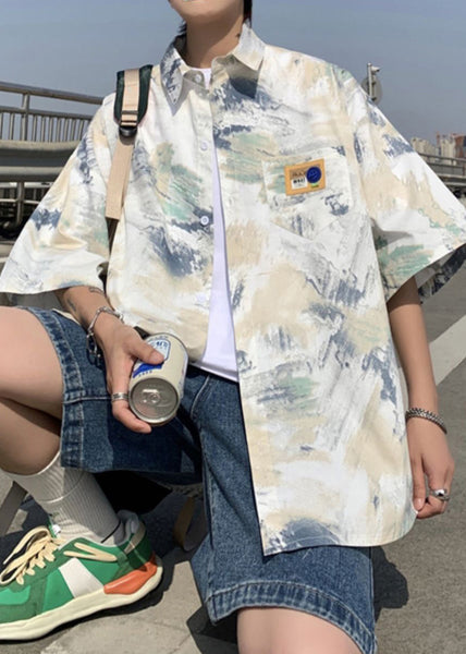 Summer Men Shirts Tie Silk Loose Peter Collar Ice Dye Pan Blue FashionChic