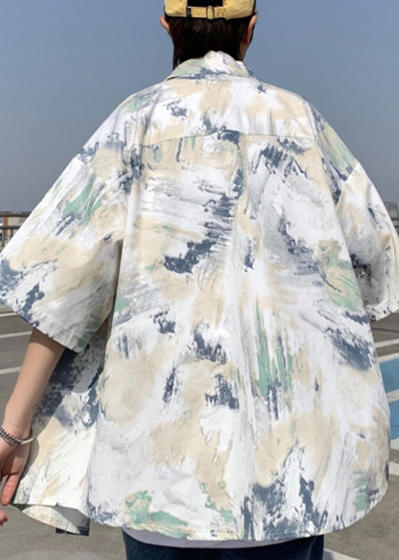 Summer Men Shirts Tie Silk Loose Peter Collar Ice Dye Pan Blue FashionChic