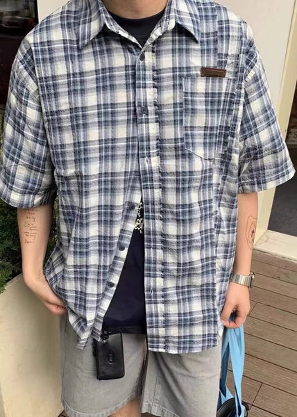 Men's Blue Summer Shirts Plaid Loose Cotton Button FashionChic