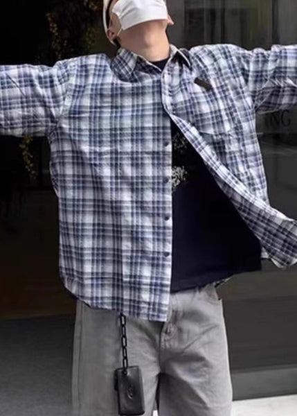 Men's Blue Summer Shirts Plaid Loose Cotton Button FashionChic