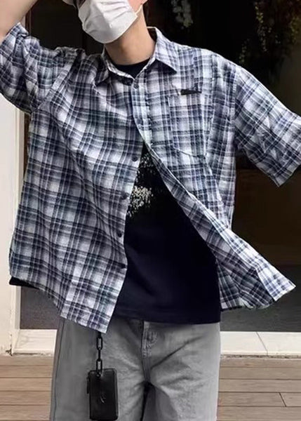 Men's Blue Summer Shirts Plaid Loose Cotton Button FashionChic