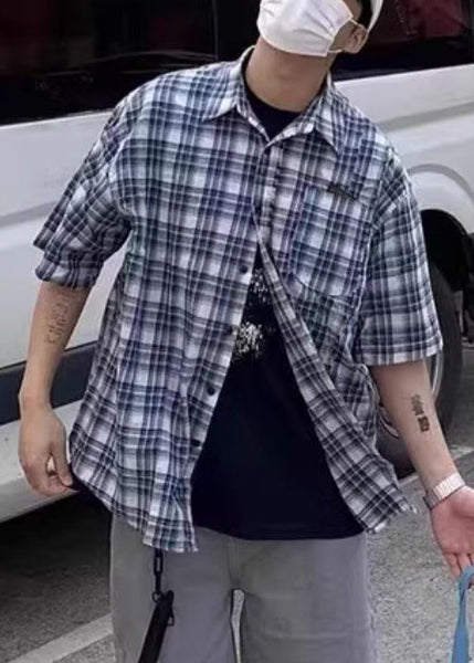 Men's Blue Summer Shirts Plaid Loose Cotton Button FashionChic