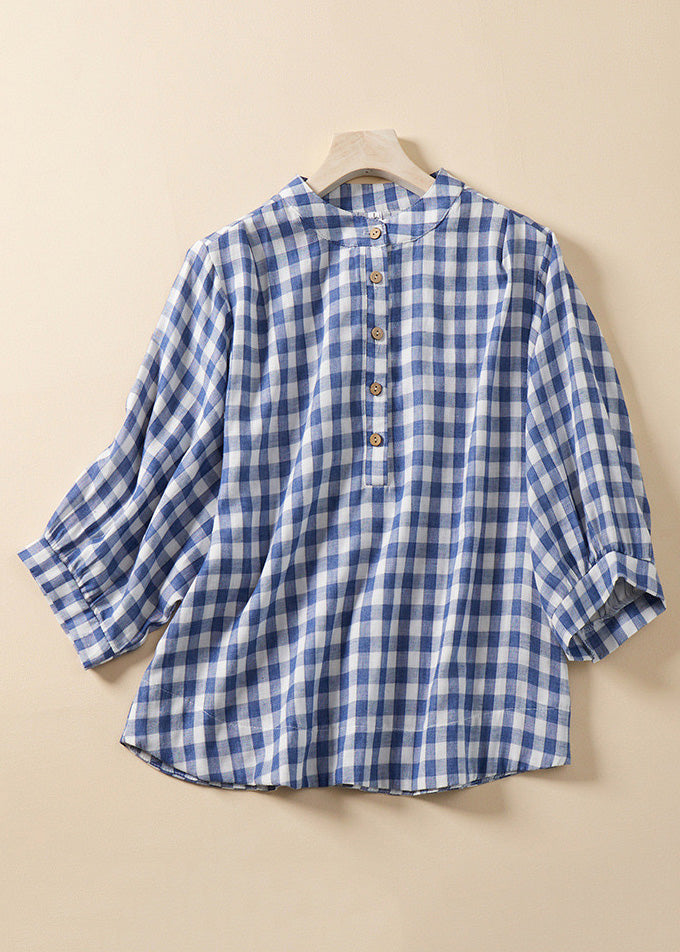 Loose Blue Plaid Stand Collar Cotton Blouses Bracelet Sleeve AM1061 Genistyle Shop