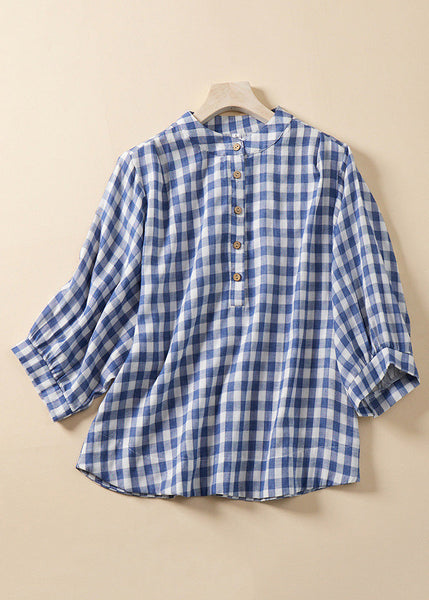 Loose Blue Plaid Stand Collar Cotton Blouses Bracelet Sleeve AM1061 Genistyle Shop