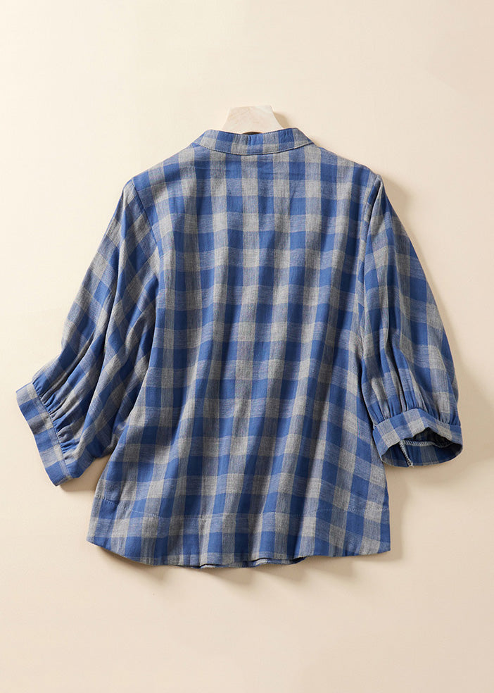 Loose Blue Plaid Stand Collar Cotton Blouses Bracelet Sleeve AM1061 Genistyle Shop