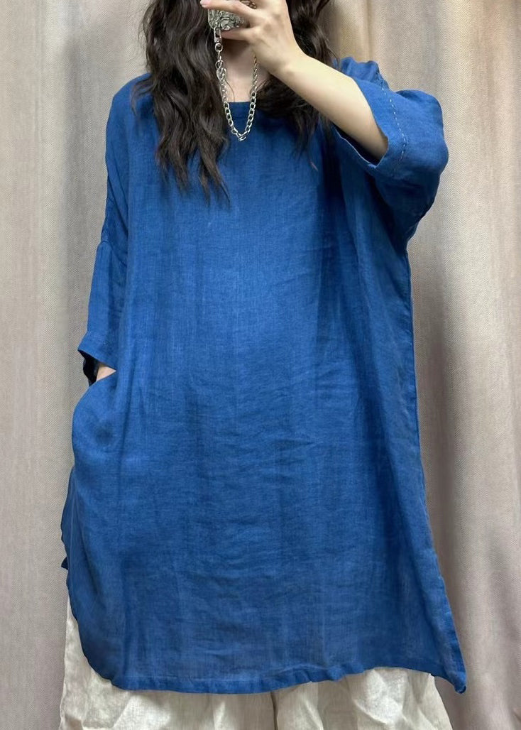 Loose Blue Pockets Side Open Linen Tops Bracelet Sleeve VV090 HS-HTP240627