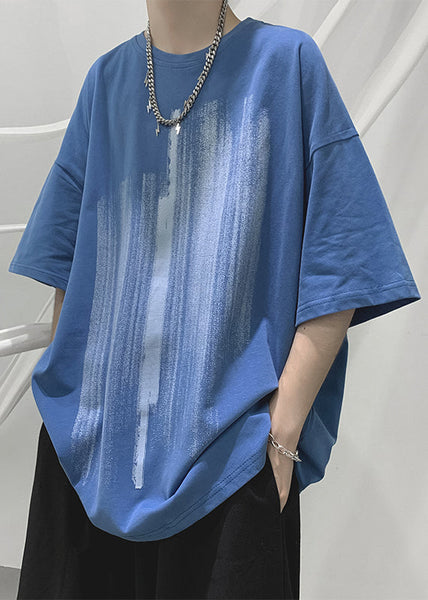 Loose Shirt Men Cozy Half Cotton Print T Blue Sleeve FashionChic