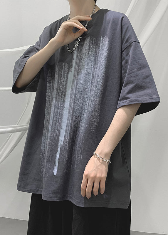 Loose Shirt Men Cozy Half Cotton Print T Blue Sleeve FashionChic