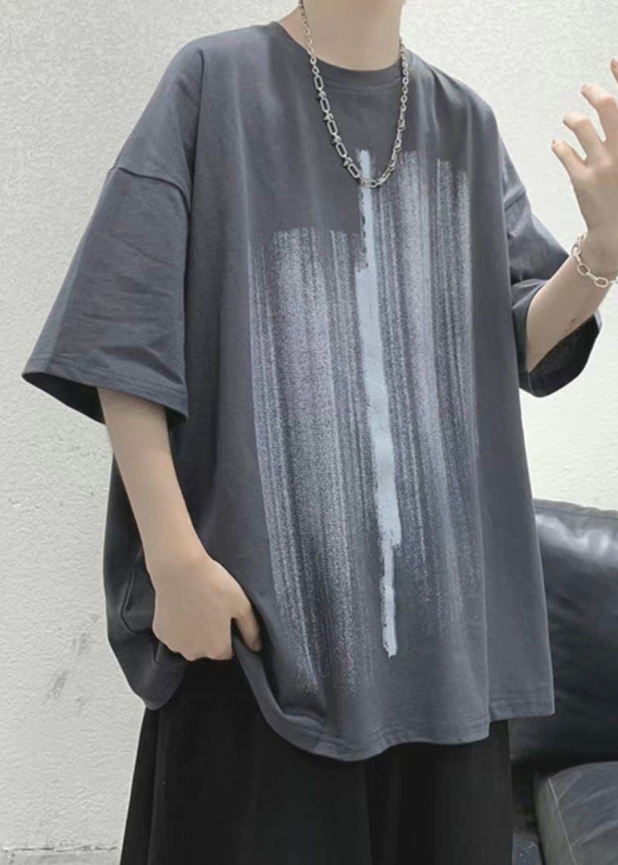 Loose Shirt Men Cozy Half Cotton Print T Blue Sleeve FashionChic