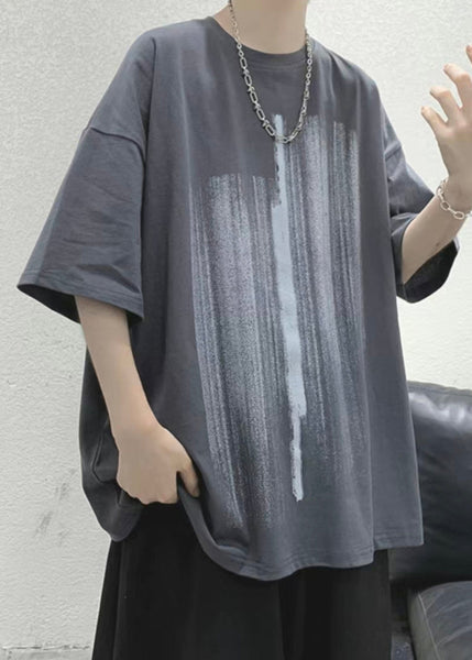 Loose Shirt Men Cozy Half Cotton Print T Blue Sleeve FashionChic