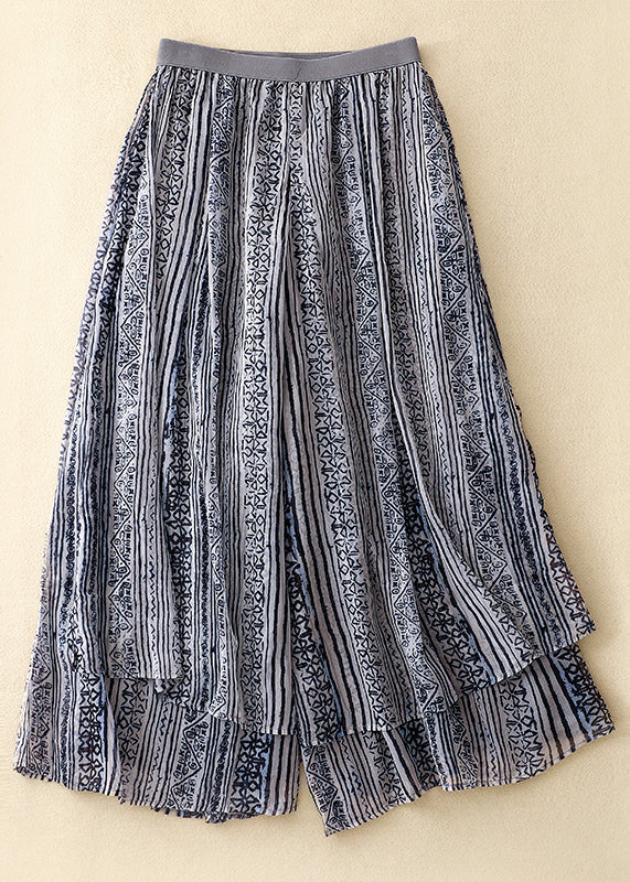 Loose Blue Print Elastic Waist Layered Silk Cotton Wide Leg Pants VV046 HS-CPTS240627