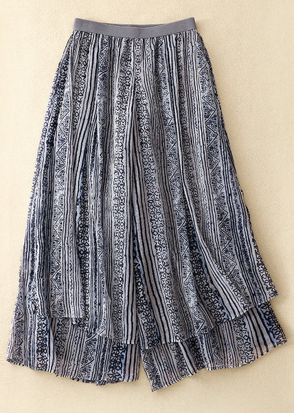 Loose Blue Print Elastic Waist Layered Silk Cotton Wide Leg Pants VV046 HS-CPTS240627