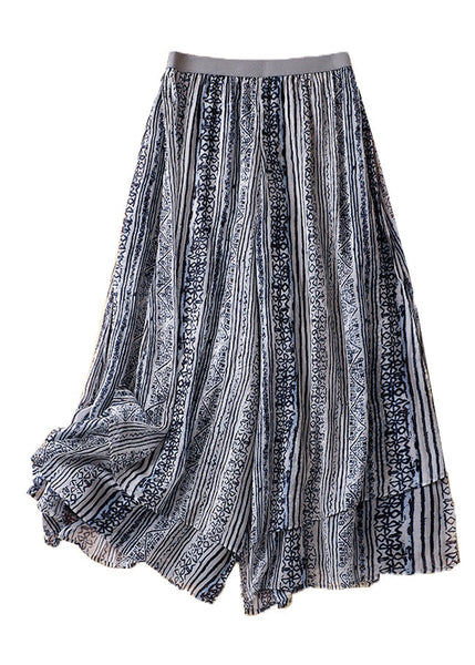 Loose Blue Print Elastic Waist Layered Silk Cotton Wide Leg Pants VV046 HS-CPTS240627