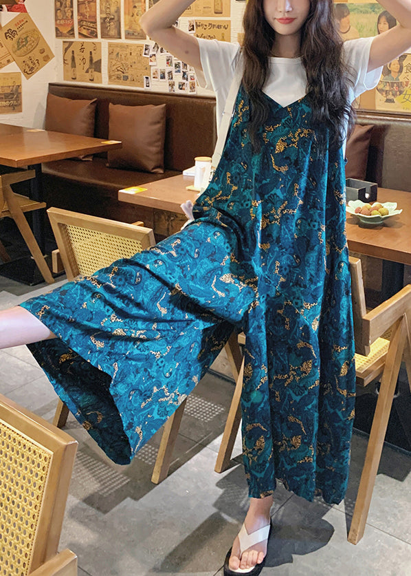 Waist Loose Summer Blue Print High Cotton Pants Jumpsuits FashionChic