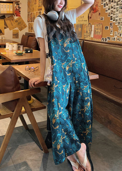 Waist Loose Summer Blue Print High Cotton Pants Jumpsuits FashionChic