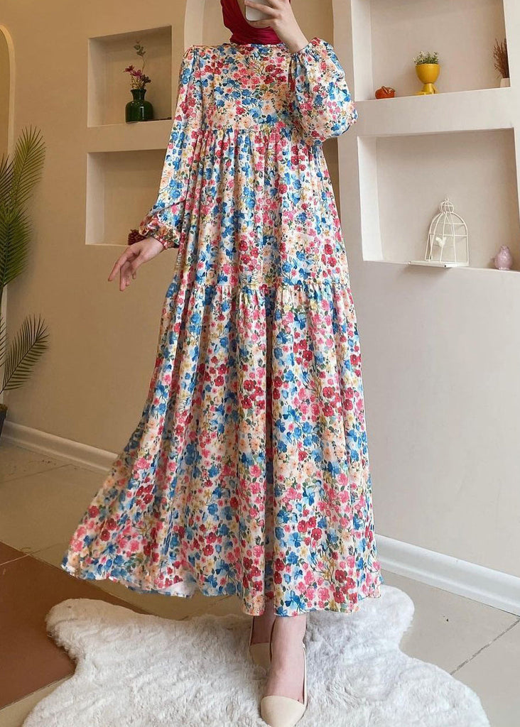 Loose Blue Print High Waist Cotton Long Dresses Spring AA1011 Ada Fashion