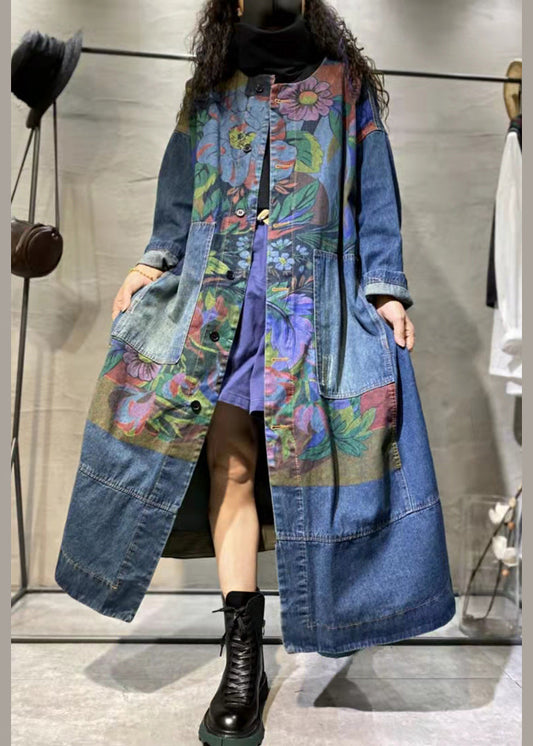 Loose Blue Print Pockets Denim Long Coat Long Sleeve MN063 MMDM-CTS240704