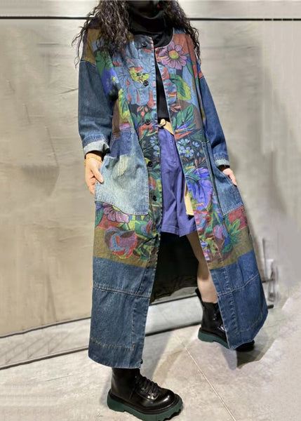 Loose Blue Print Pockets Denim Long Coat Long Sleeve MN063 MMDM-CTS240704