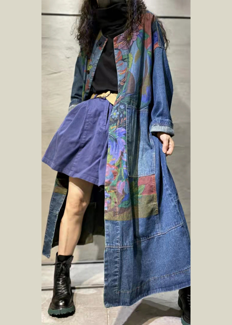 Loose Blue Print Pockets Denim Long Coat Long Sleeve MN063 MMDM-CTS240704