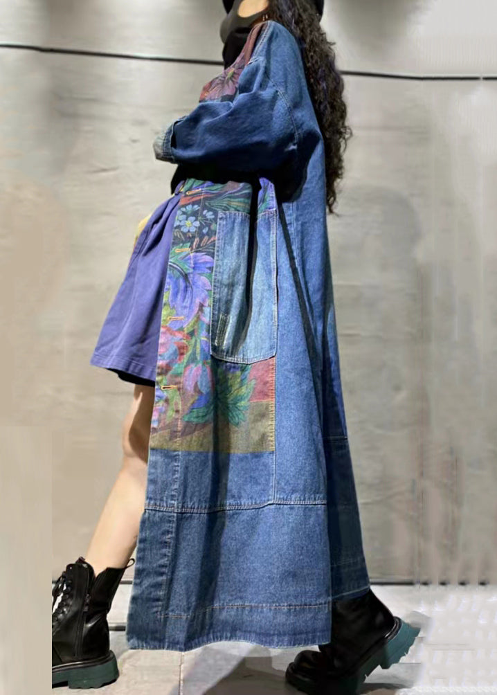Loose Blue Print Pockets Denim Long Coat Long Sleeve MN063 MMDM-CTS240704