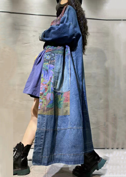 Loose Blue Print Pockets Denim Long Coat Long Sleeve MN063 MMDM-CTS240704
