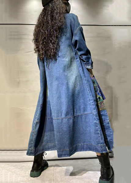 Loose Blue Print Pockets Denim Long Coat Long Sleeve MN063 MMDM-CTS240704