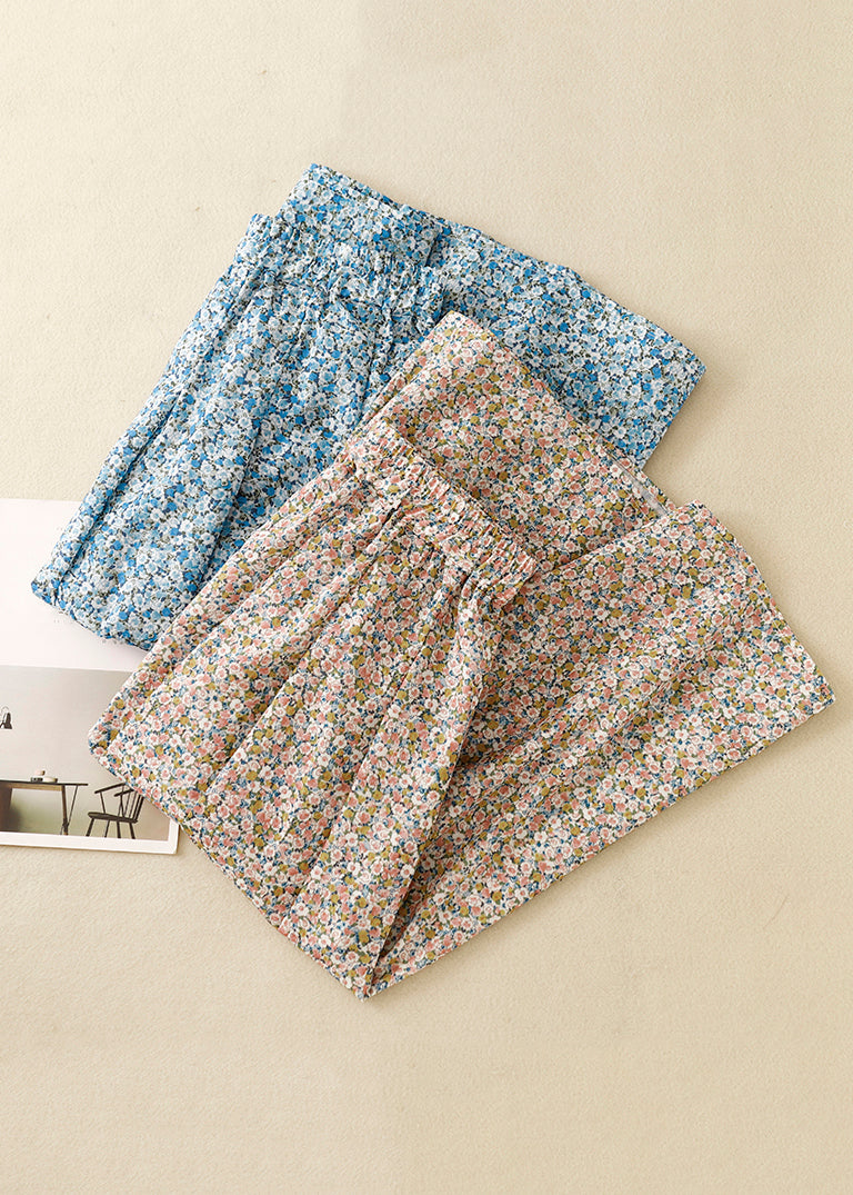 Loose Blue Print Pockets Elastic Waist Cotton Skirt Summer GG010 MZF-SKTS240610