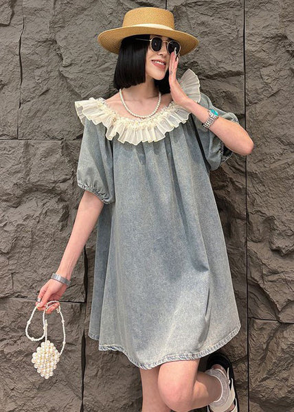 Loose Blue Ruffled Nail Bead Denim Mid Dress Summer MN050 MMDM-SDM240704