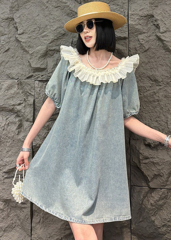 Loose Blue Ruffled Nail Bead Denim Mid Dress Summer MN050 MMDM-SDM240704