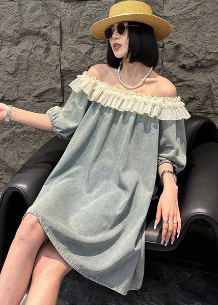 Loose Blue Ruffled Nail Bead Denim Mid Dress Summer MN050 MMDM-SDM240704