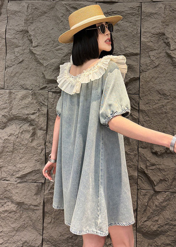 Loose Blue Ruffled Nail Bead Denim Mid Dress Summer MN050 MMDM-SDM240704