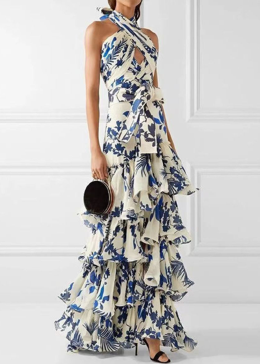 Loose Blue Ruffled Print Laxe Up Cotton Maxi Dress Sleeveless BB038 Hawaii-SDL240622