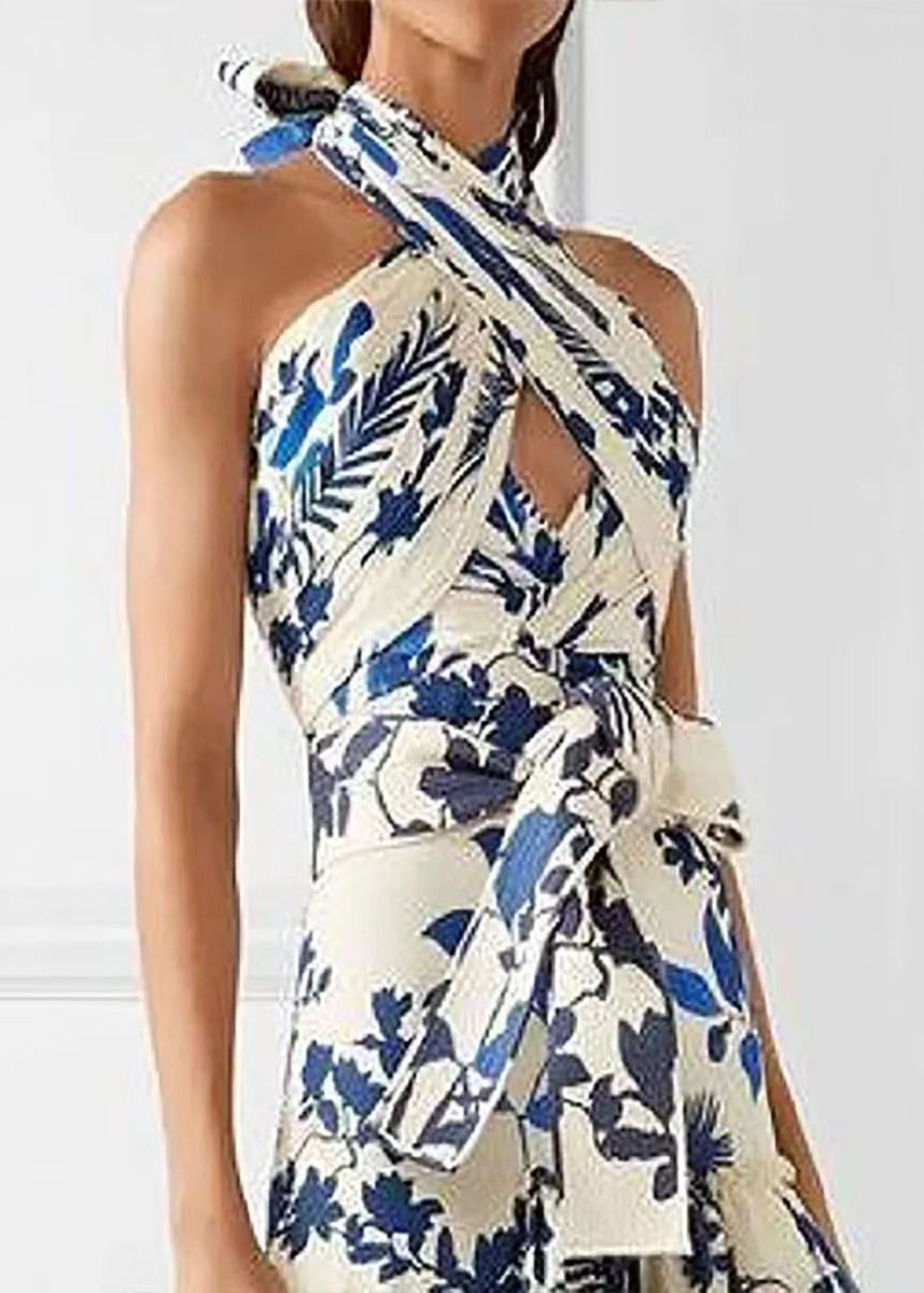 Loose Blue Ruffled Print Laxe Up Cotton Maxi Dress Sleeveless BB038 Hawaii-SDL240622
