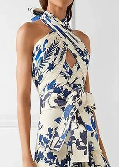 Loose Blue Ruffled Print Laxe Up Cotton Maxi Dress Sleeveless BB038 Hawaii-SDL240622