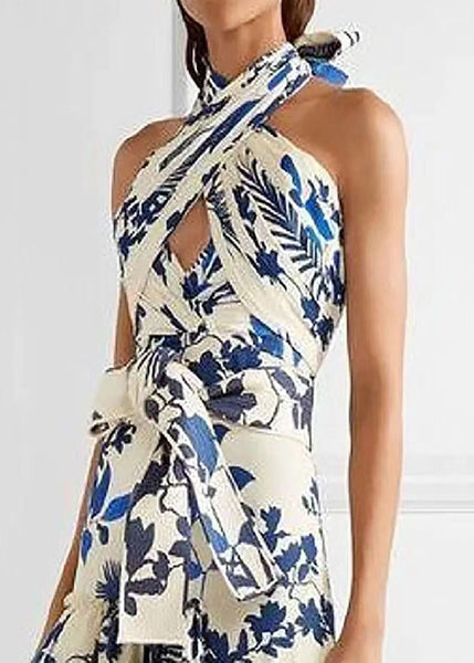 Loose Blue Ruffled Print Laxe Up Cotton Maxi Dress Sleeveless BB038 Hawaii-SDL240622
