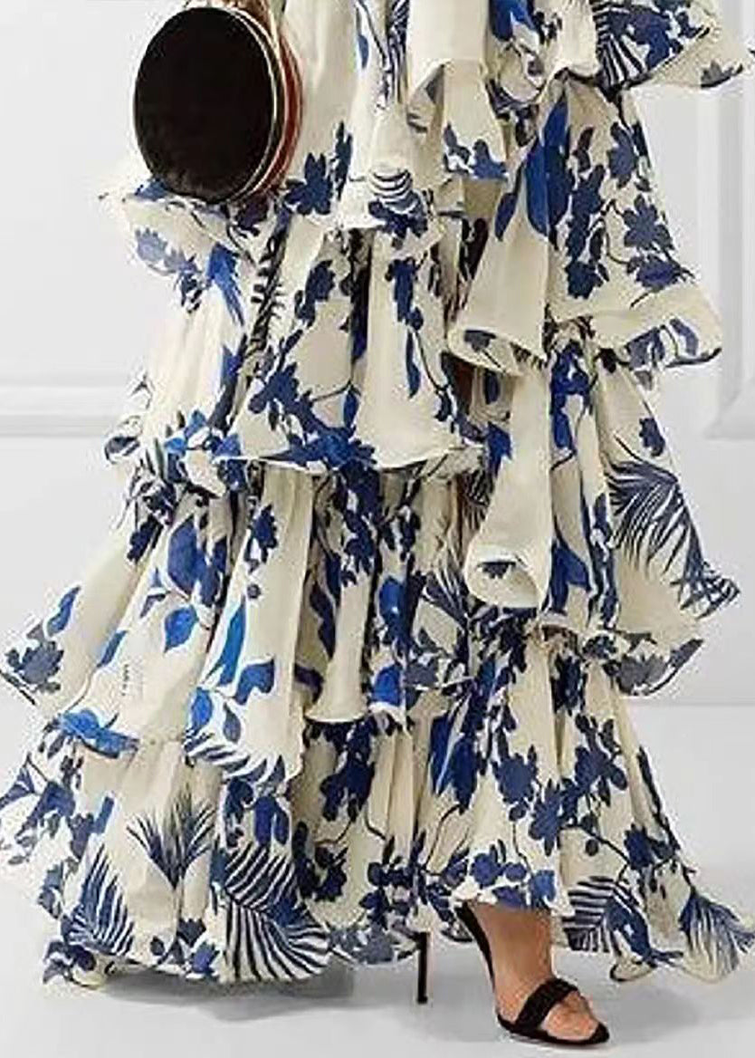 Loose Blue Ruffled Print Laxe Up Cotton Maxi Dress Sleeveless BB038 Hawaii-SDL240622