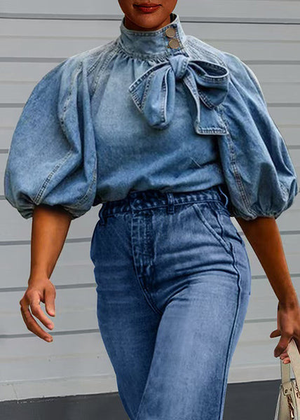 Sleeve Lace Lantern Denim Shirt Loose Collar Up Stand Blue FashionChic