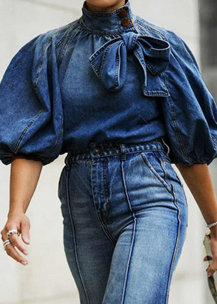 Sleeve Lace Lantern Denim Shirt Loose Collar Up Stand Blue FashionChic
