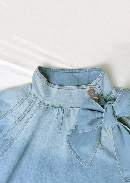 Sleeve Lace Lantern Denim Shirt Loose Collar Up Stand Blue FashionChic