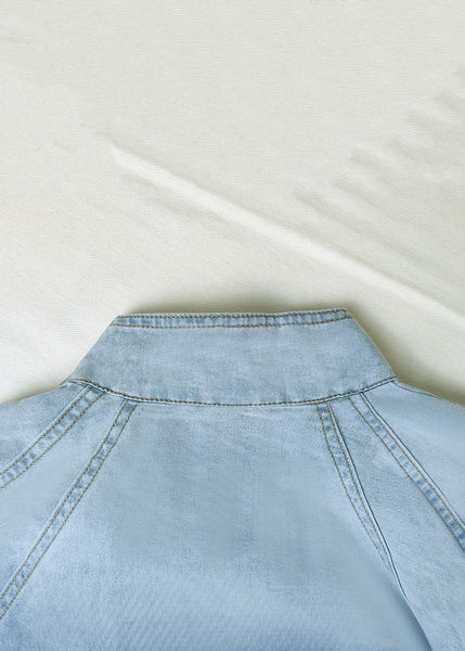 Sleeve Lace Lantern Denim Shirt Loose Collar Up Stand Blue FashionChic