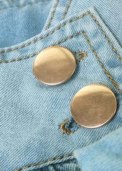 Sleeve Lace Lantern Denim Shirt Loose Collar Up Stand Blue FashionChic