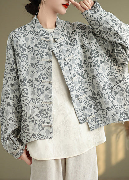 Loose Blue Stand Collar Print Button Cotton Coat Fall QG045 OM-CTS241016