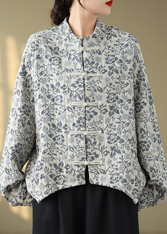 Loose Blue Stand Collar Print Button Cotton Coat Fall QG045 OM-CTS241016