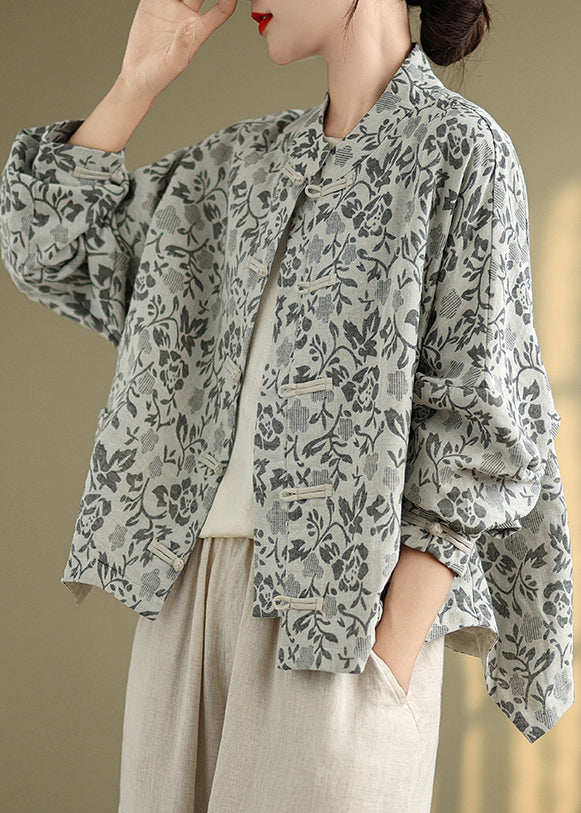 Loose Blue Stand Collar Print Button Cotton Coat Fall QG045 OM-CTS241016