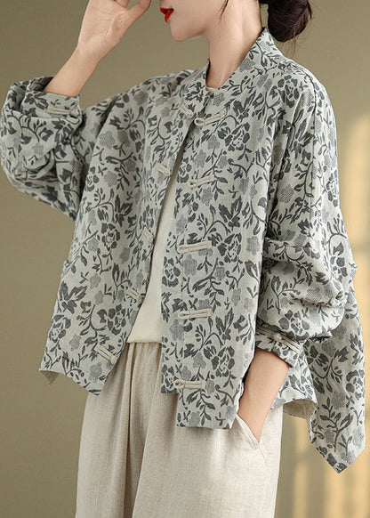 Loose Blue Stand Collar Print Button Cotton Coat Fall QG045 OM-CTS241016